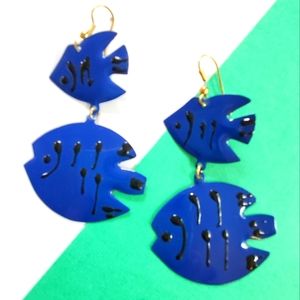 Vintage 90's Navy Blue Enamel Fish Earrings